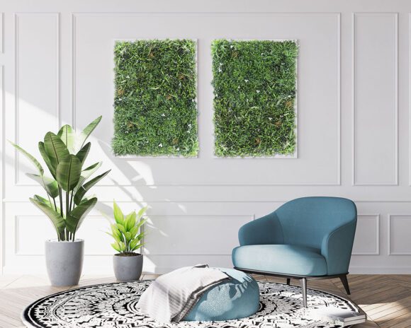 Chic living room interior of modern apartment and trendy armchair, plants and elegant accessories. Home decor. Stock photo